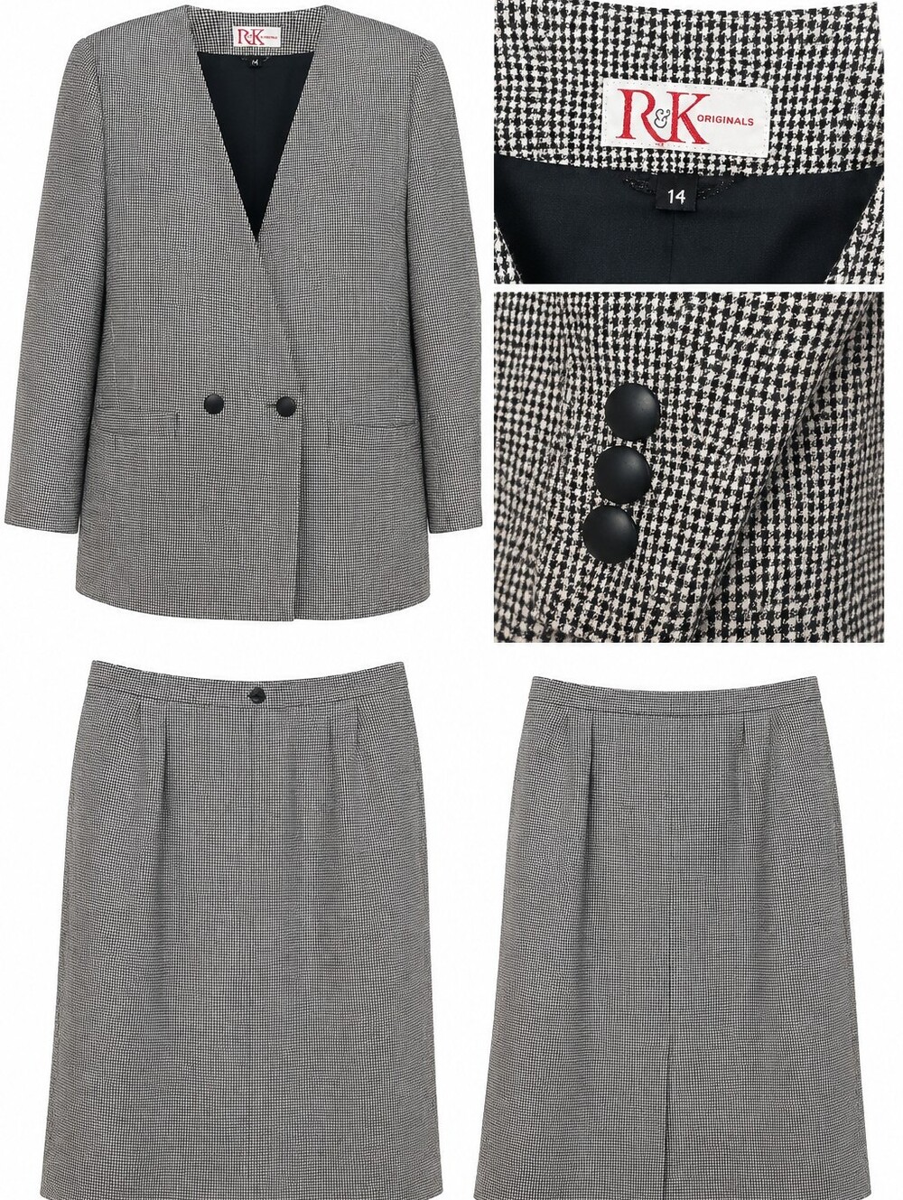 Vintage Black & White Houndstooth Skirt Suit Set | Size 14 | Retro Career Chic